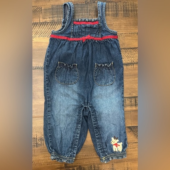 Gymboree Colorful Village Denim Overalls Ruffle Trim Reindeer Holiday Sz 12-18mo - Picture 1 of 7